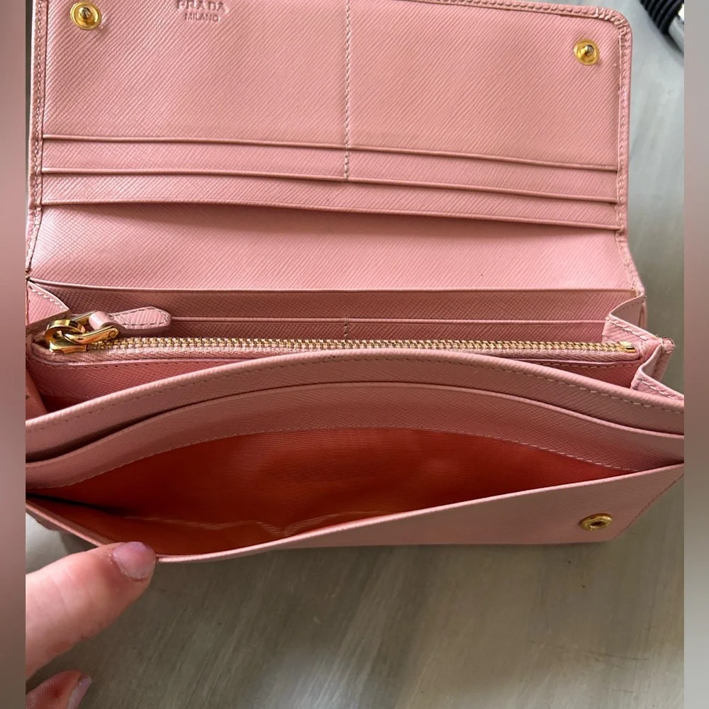 Pink Prada Saffiano leather long wallet flap closure with bow